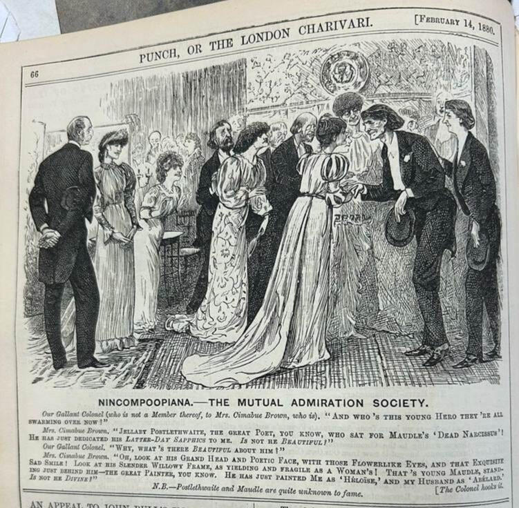 George Louis du Maurier, “*Nincompoopiana---The Mutual Admiration Society*,” in Punch Magazine,1880, p. 66.
